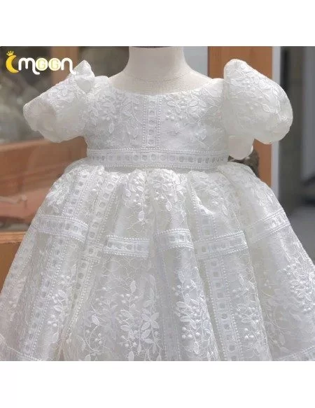 Unique Lace Pattern Baby Pageant Gown With Bubble Sleeves