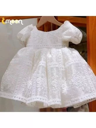 Unique Lace Pattern Baby Pageant Gown With Bubble Sleeves