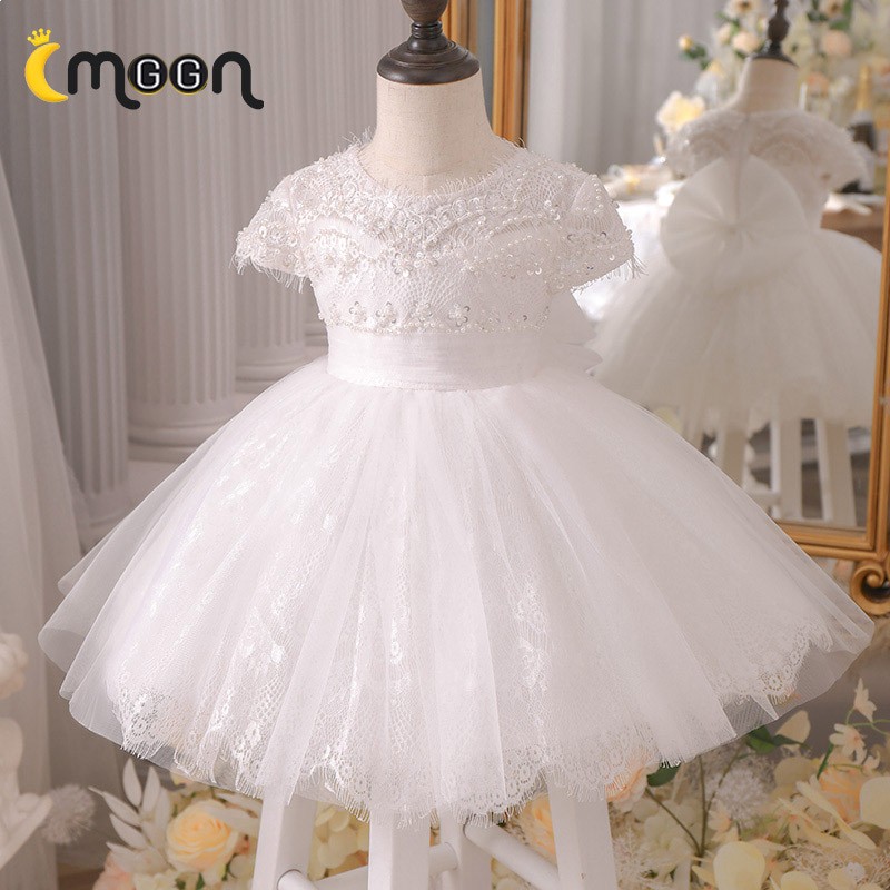Pearls Sequined Lace Ballgown Tulle Flower Girl Dress Tutus With Cap ...