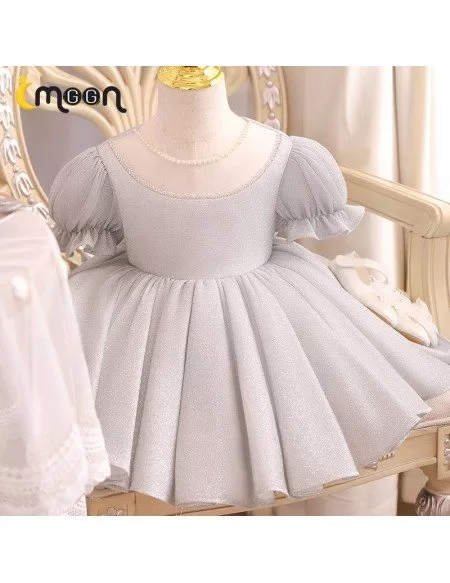 Bling Light Grey Girls Party Dress Beaded Round Neck With Bubble Sleeves