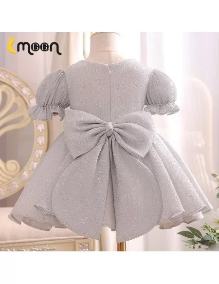 Bling Light Grey Girls Party Dress Beaded Round Neck With Bubble Sleeves