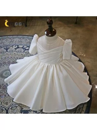 Couture Pleated Satin Ballgown Flower Girl Dress With Short Sleeves