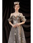Fantasy Silver Bling Long Prom Dress with Ruffled Neckline Straps
