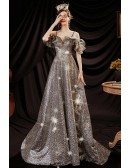 Fantasy Silver Bling Long Prom Dress with Ruffled Neckline Straps