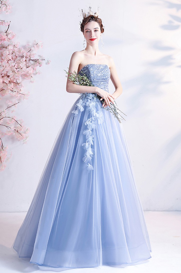 Strapless Blue Tulle Long Party Prom Dress with Petals Wholesale # ...