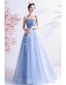Strapless Blue Tulle Long Party Prom Dress with Petals