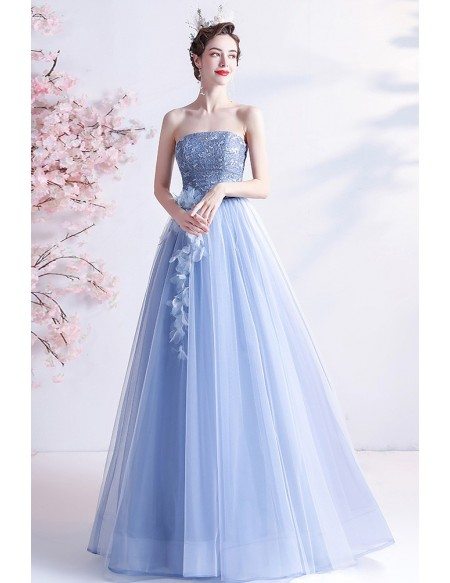 Strapless Blue Tulle Long Party Prom Dress with Petals Wholesale # ...