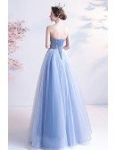 Strapless Blue Tulle Long Party Prom Dress with Petals