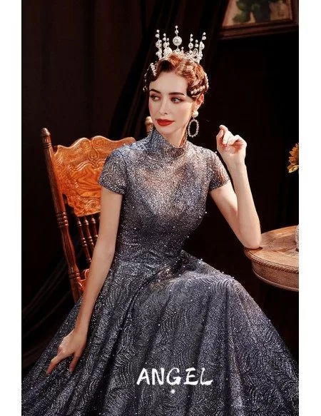 Retro High Collar Bling Sequins Formal Party Dress with Cap Sleeves