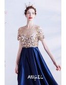 Blue Satin Empire Long Prom Dress with Illusion Neckline Sleeves