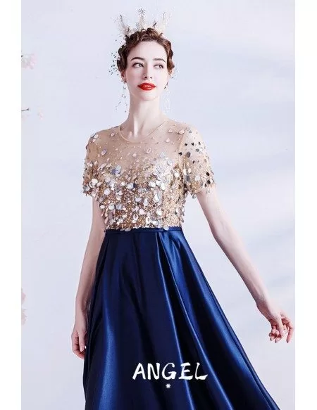 Blue Satin Empire Long Prom Dress with Illusion Neckline Sleeves