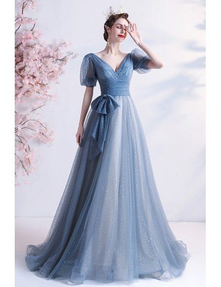 Sequined Blue Bling Tulle Vneck Prom Dress with Short Sleeves
