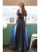 Fantasy Blue Stars Bling Tulle Prom Dress with Short Sleeves