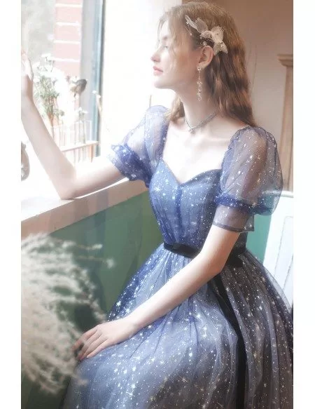 Fantasy Blue Stars Bling Tulle Prom Dress with Short Sleeves Wholesale ...