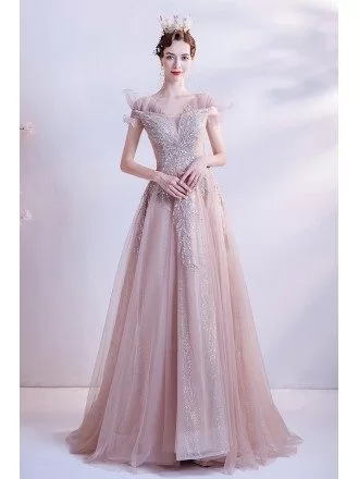 Beautiful Pink Tulle Sequined Pattern Long Prom Dress