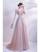 Beautiful Pink Tulle Sequined Pattern Long Prom Dress