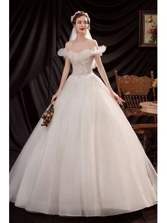 Elegant Off Shoulder Ballgown Wedding Dress with Beaded Flowers