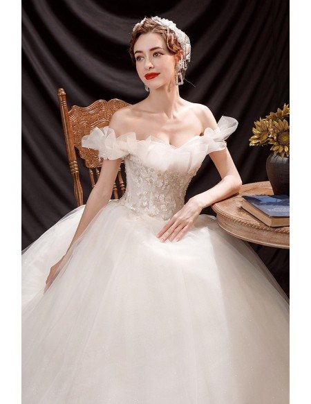 Elegant Off Shoulder Ballgown Wedding Dress with Beaded Flowers