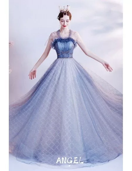 Unique Blue Grid Pattern Flowing Long Tulle Prom Dress