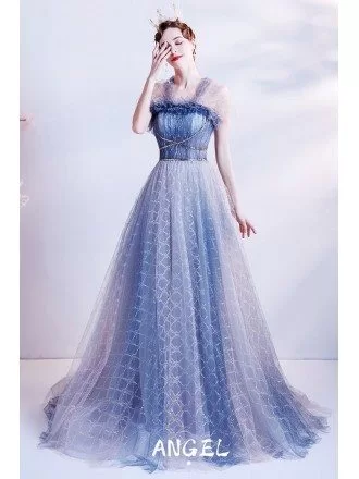 Unique Blue Grid Pattern Flowing Long Tulle Prom Dress