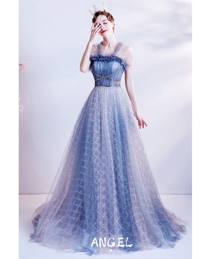 Unique Blue Grid Pattern Flowing Long Tulle Prom Dress Wholesale # ...