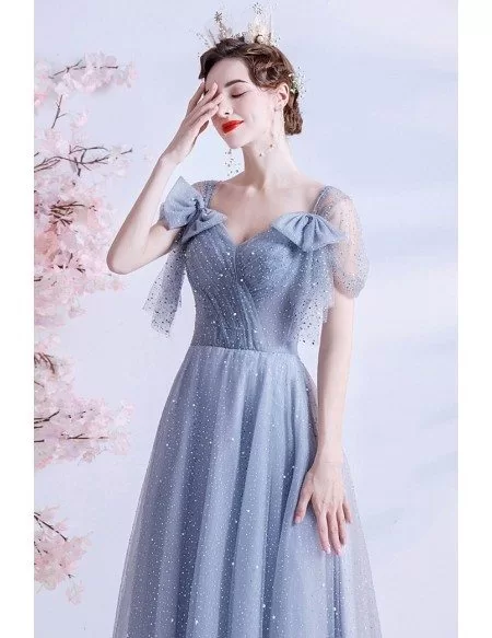 Dreamy Dusty Blue Tulle Prom Dress with Bling Bow Knot Straps
