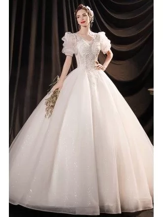 Princess Big Ballgown Wedding Dress with Bling Embroidered Bubble Sleeves