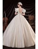 Retro Romantic Big Ballgown Satin Wedding Dress Vneck with Bubble Sleeves