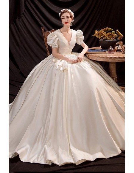 Retro Romantic Big Ballgown Satin Wedding Dress Vneck with Bubble ...