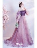 Beautiful Purple Tulle Off Shoulder Prom Dress with Long Sleeves