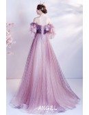 Beautiful Purple Tulle Off Shoulder Prom Dress with Long Sleeves