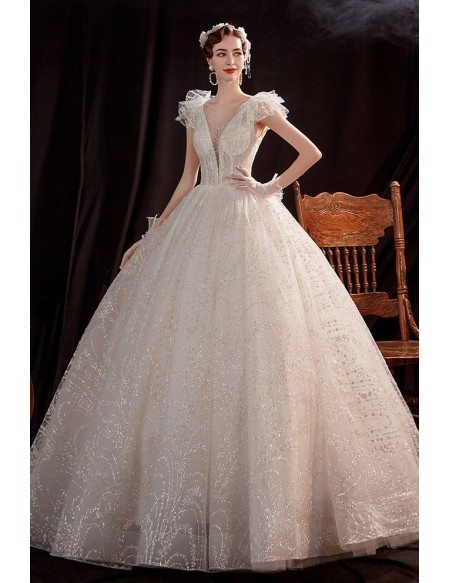 Gorgeous Big Ballgown Sequined Wedding Dress Vneck with Bling Wholesale ...