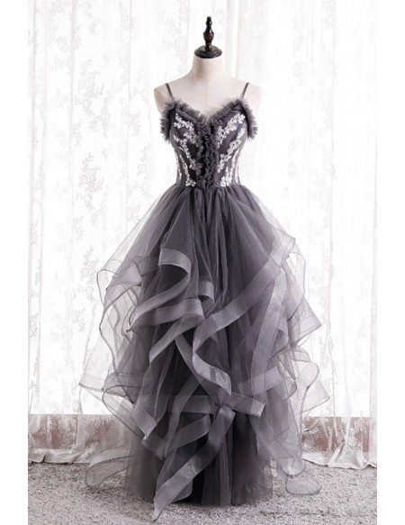 Grey Ruffled Unique Prom Dress with Appliques Straps