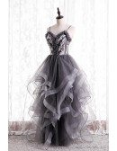 Grey Ruffled Unique Prom Dress with Appliques Straps