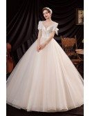 Romantic Light Champagne Ballgown Tulle Prom Dress with Bow Knot Sleeves