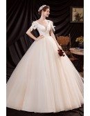 Romantic Light Champagne Ballgown Tulle Prom Dress with Bow Knot Sleeves