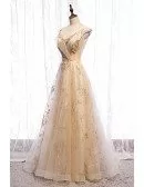 Elegant Champagne Gold Long Prom Dress with Bling Gold Sequins