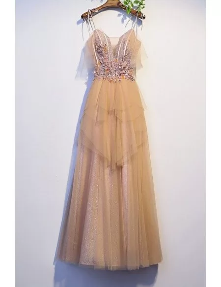 Beautiful Champagne Tulle Long Prom Dress with Strappy Straps