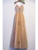 Beautiful Champagne Tulle Long Prom Dress with Strappy Straps
