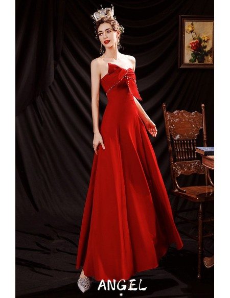 Simple Red Satin Party Dress with Beaded Sweetheart