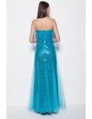 Trendy Strapless Aqua Blue Tulle Sequin Long Dress