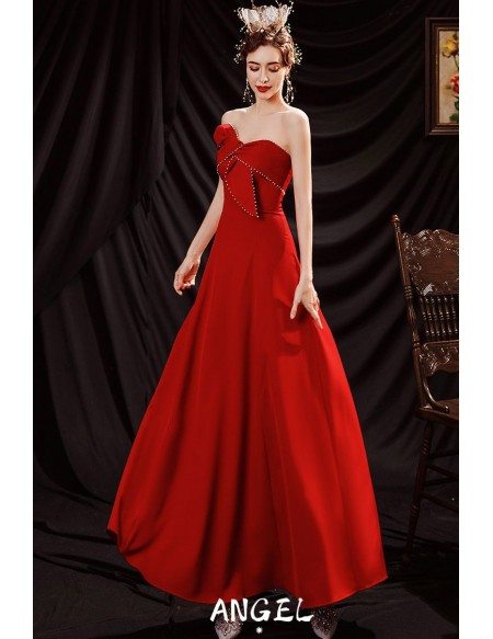 Simple Red Satin Party Dress with Beaded Sweetheart