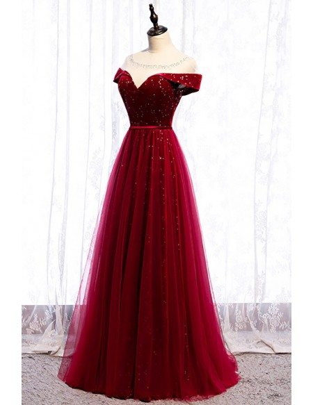 Formal Burgundy Long Red Prom Dress with Stars Illusion Neckline