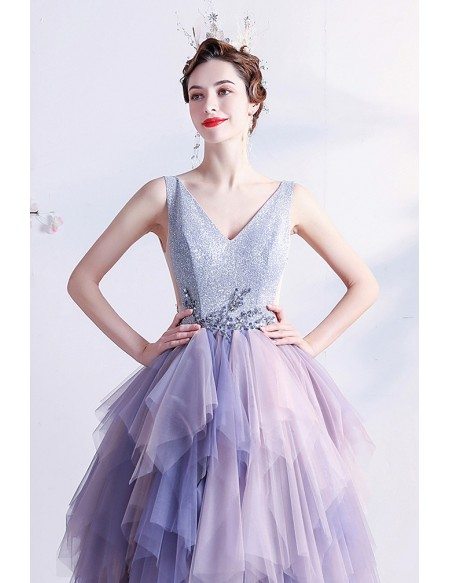 Stunning Purple Ruffles Vneck Prom Dress with Bling Top