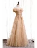 Champagne Tulle Off Shoulder Long Prom Dress with Appliques Bling Sequins
