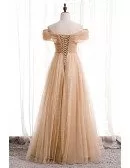 Champagne Tulle Off Shoulder Long Prom Dress with Appliques Bling Sequins