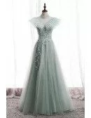 Green Bling Mesh Tulle Long Prom Dress with Beadings High Neck