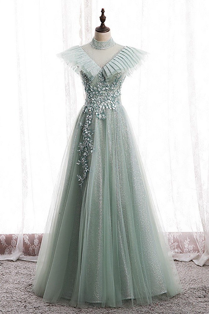 Green Bling Mesh Tulle Long Prom Dress with Beadings High Neck MX16027 ...