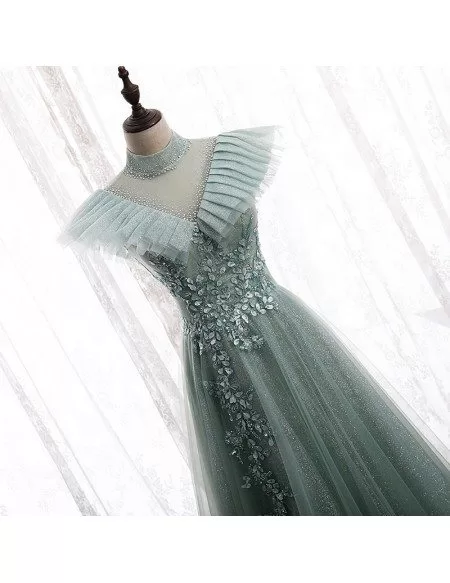 Green Bling Mesh Tulle Long Prom Dress with Beadings High Neck