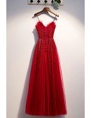 Burgundy Aline Long Tulle Prom Dress with Sequins Beadings